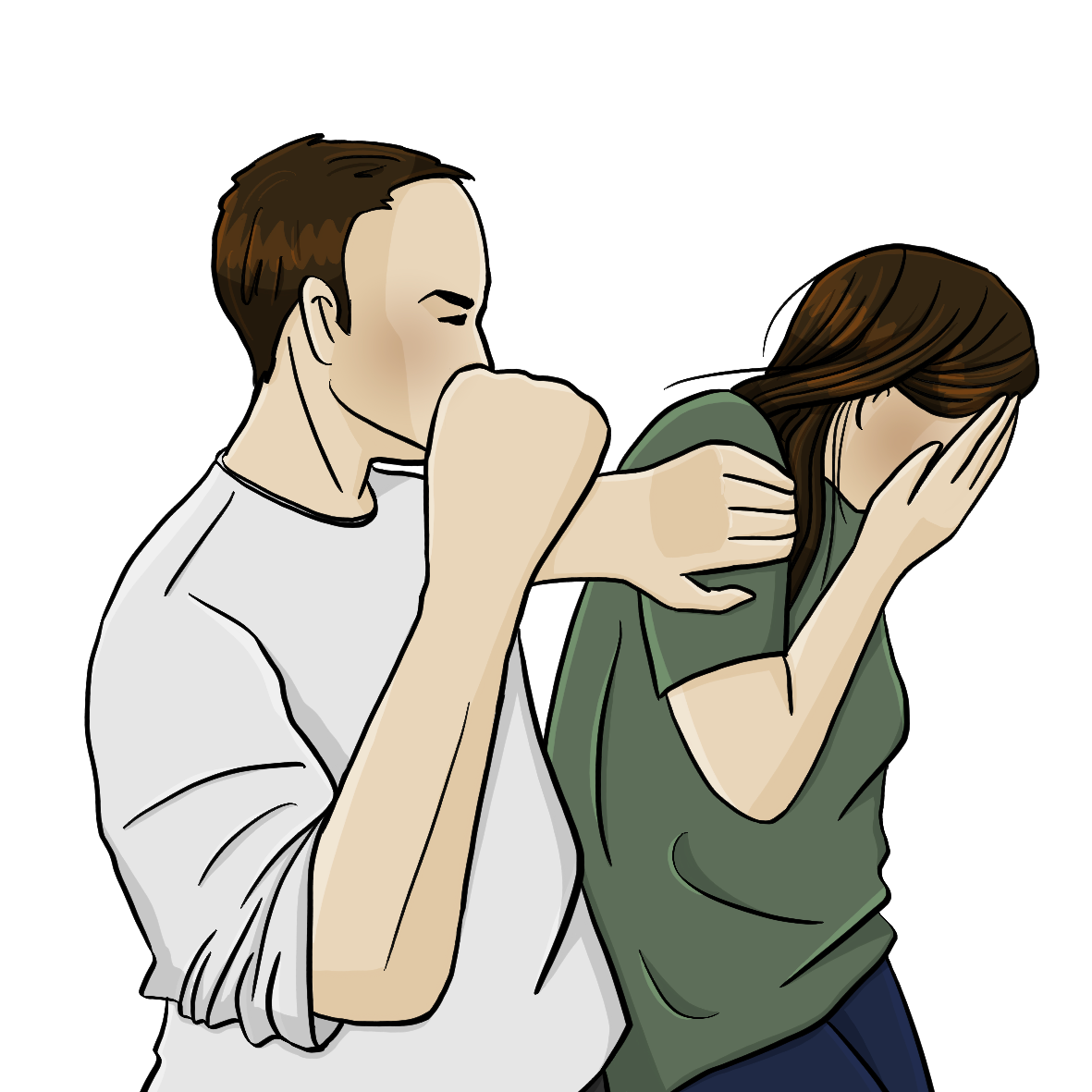 Ein Mann hält eine Frau an der Schulter Fest. Seine Faust ist erhoben. Die Frau bedeckt ihr Gesicht mit den Händen.