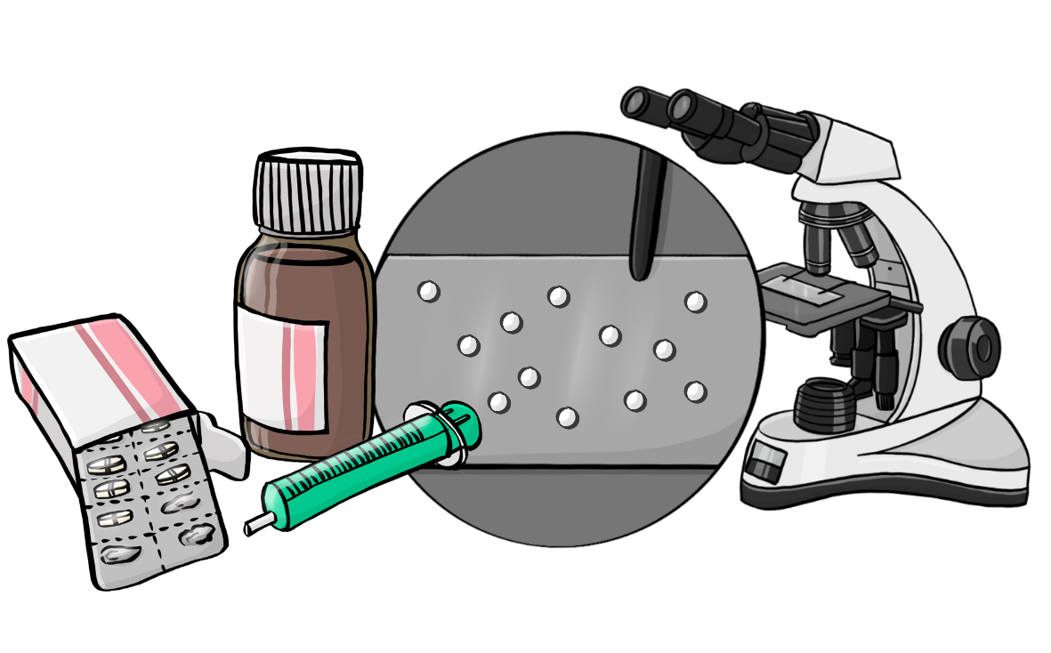 Eine Schachtel Tabletten, eine Spritze und ein Fläschchen stehen neben einem Mikroskop. In der Mitte ist ein Kreis mit dem vergrößerten Objektträger mit weißen Punkten.