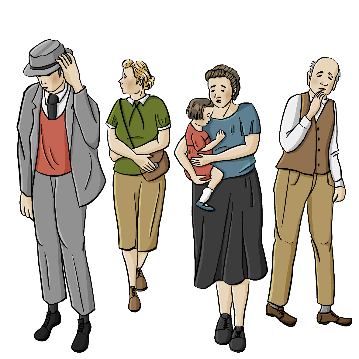 Männer und Frauen in Kleidung der 40er Jahre laufen mit gesenkten Köpfen oder schauen ängstlich nach hinten.