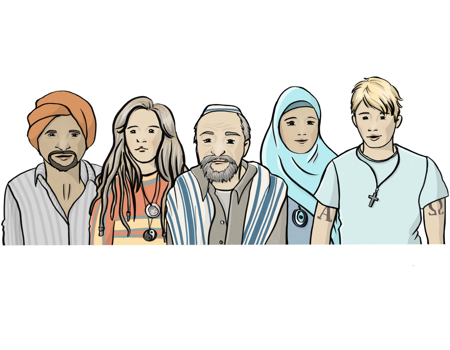Ein Mann mit Turban, eine Frau mit Buddha-Anhängern, ein Mann mit Kippa und Gebetsschal, eine Frau mit Kopftuch und ein Mann mit einem Kreuz-Anhänger.