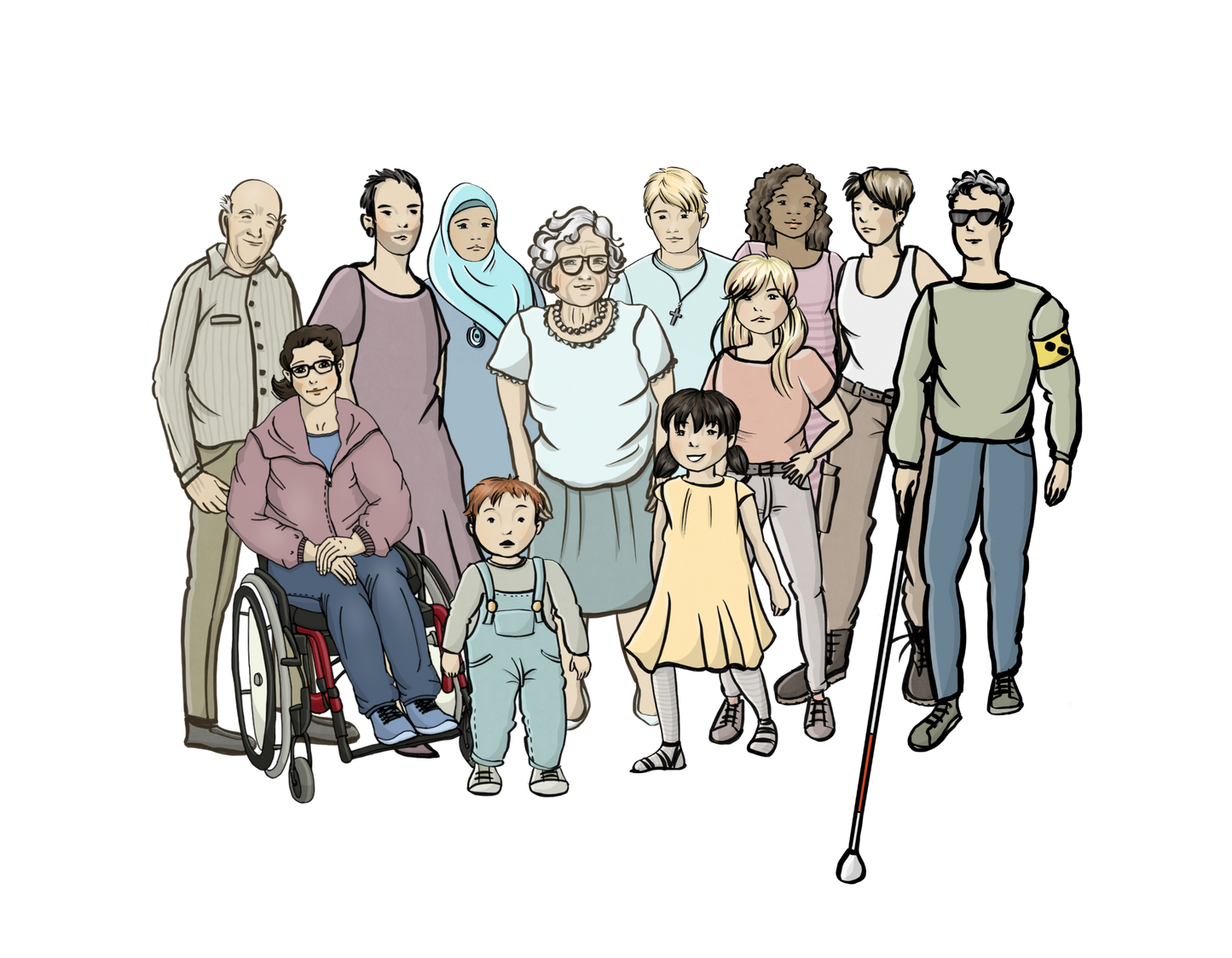 Eine Gruppe verschieden alter Menschen mit verschiedenen Hautfarben. Es sind Menschen mit und ohne Behinderungen.