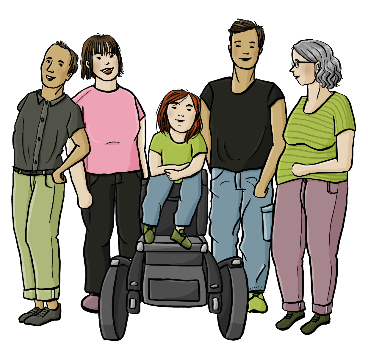 Eine Gruppe Männer und Frauen, eine von Ihnen sitzt im Elektrorollstuhl.