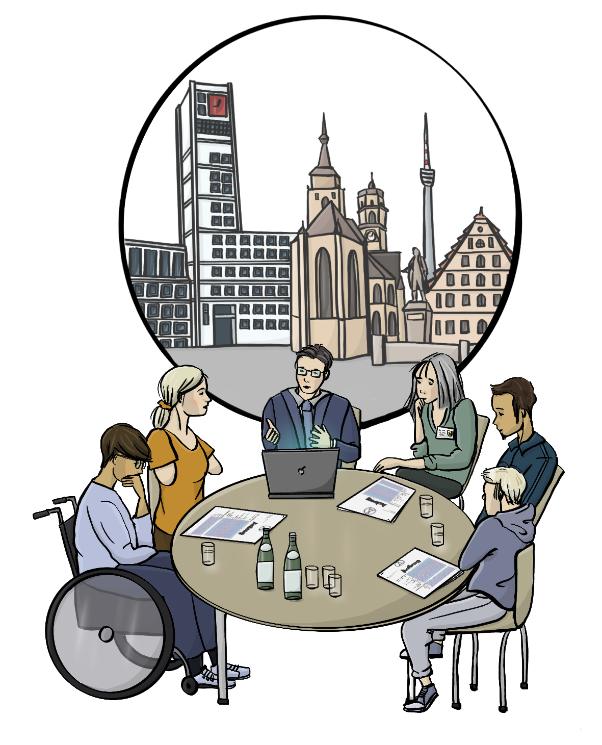 Menschen mit verschiedenen Hautfarben sitzen an einem Tisch. Es sind Menschen mit und ohne Behinderungen. Auf dem Tisch sind Papiere, ein Laptop und Getränke. Im Hintergrund ist ein Kreis mit der Silhouette einer Stadt.