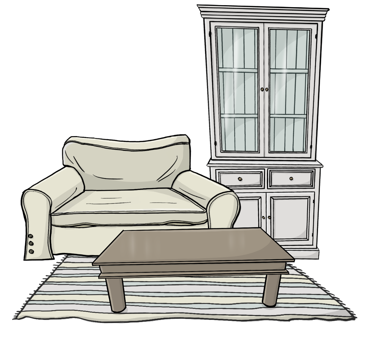 Ein Tisch und ein Sofa stehen auf einem Teppich. Im Hintergrund steht ein Schrank.