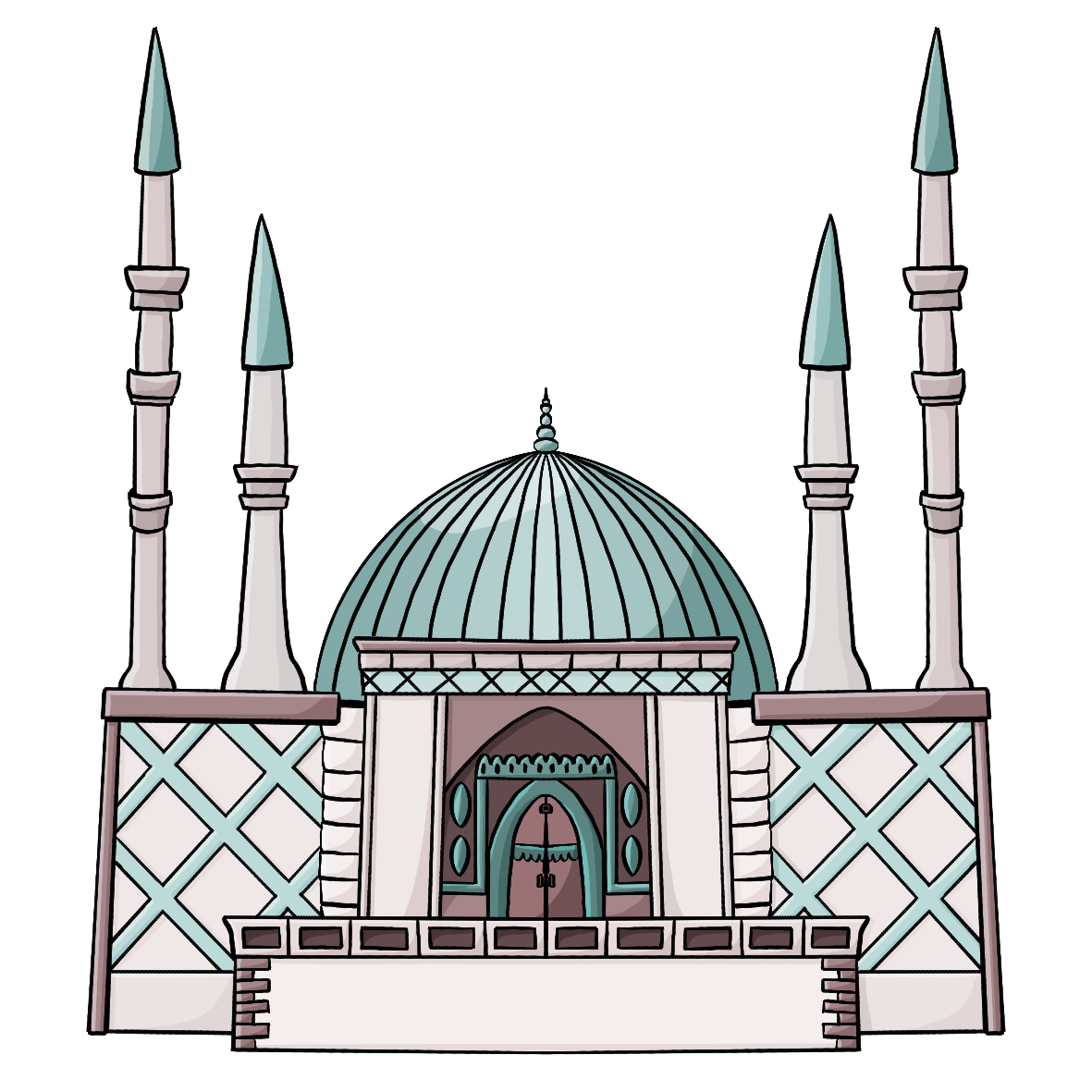 Ein Gebäude mit einer Kuppel und vier schlanken Türmen.