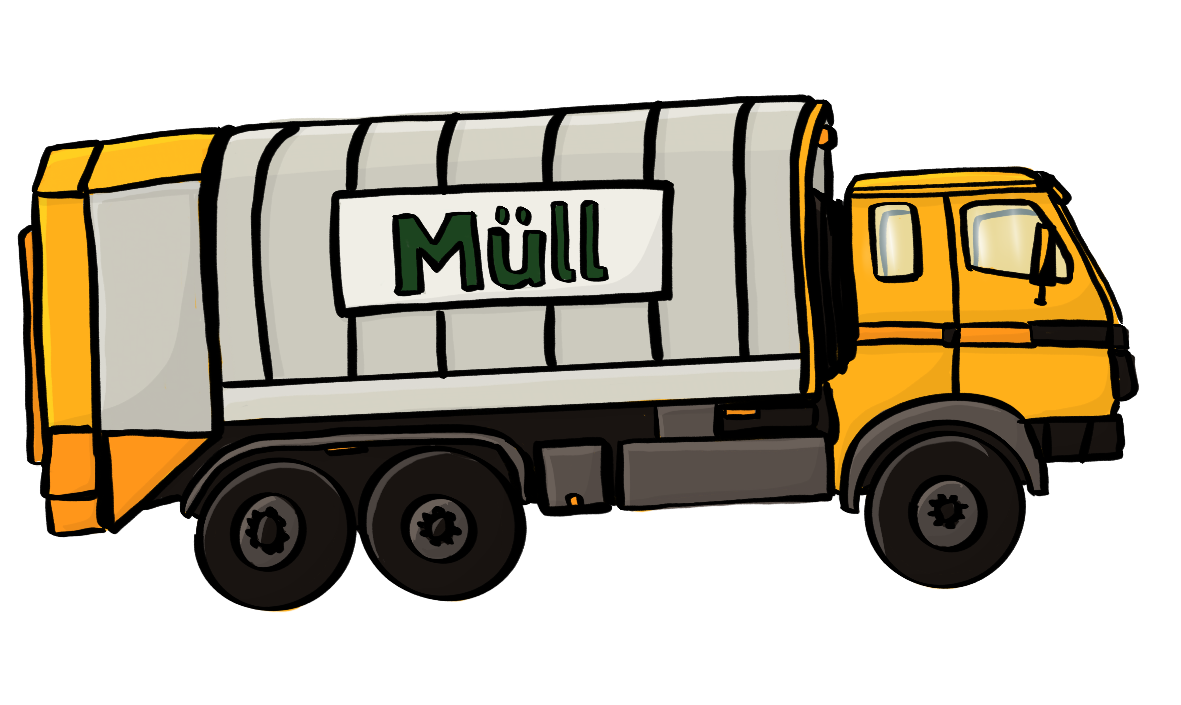 Ein orangefarbener Lastwagen mit der Aufschrift: Müll.