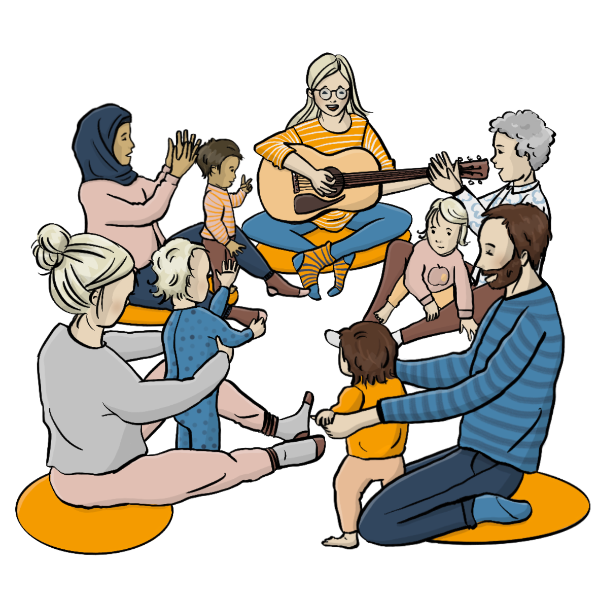 Eine Frau spielt Gitarre. Um sie herum sitzt eine Gruppe Erwachsene mit Krabbelkindern auf dem Schoß.
