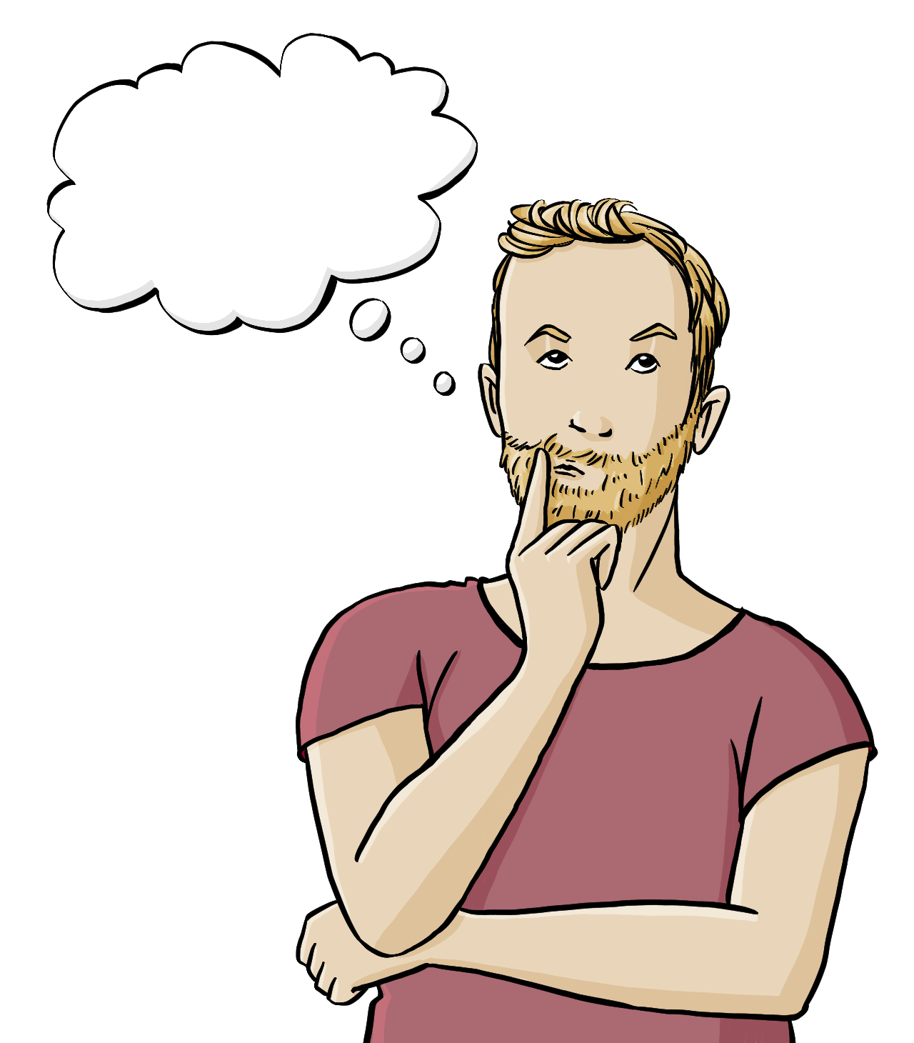 Ein Mann hat den Finger nachdenklich an den Mund gelegt. Neben Ihm ist eine leere Denkblase. Der Mann trägt ein rotes T-Shirt und einen Bart.