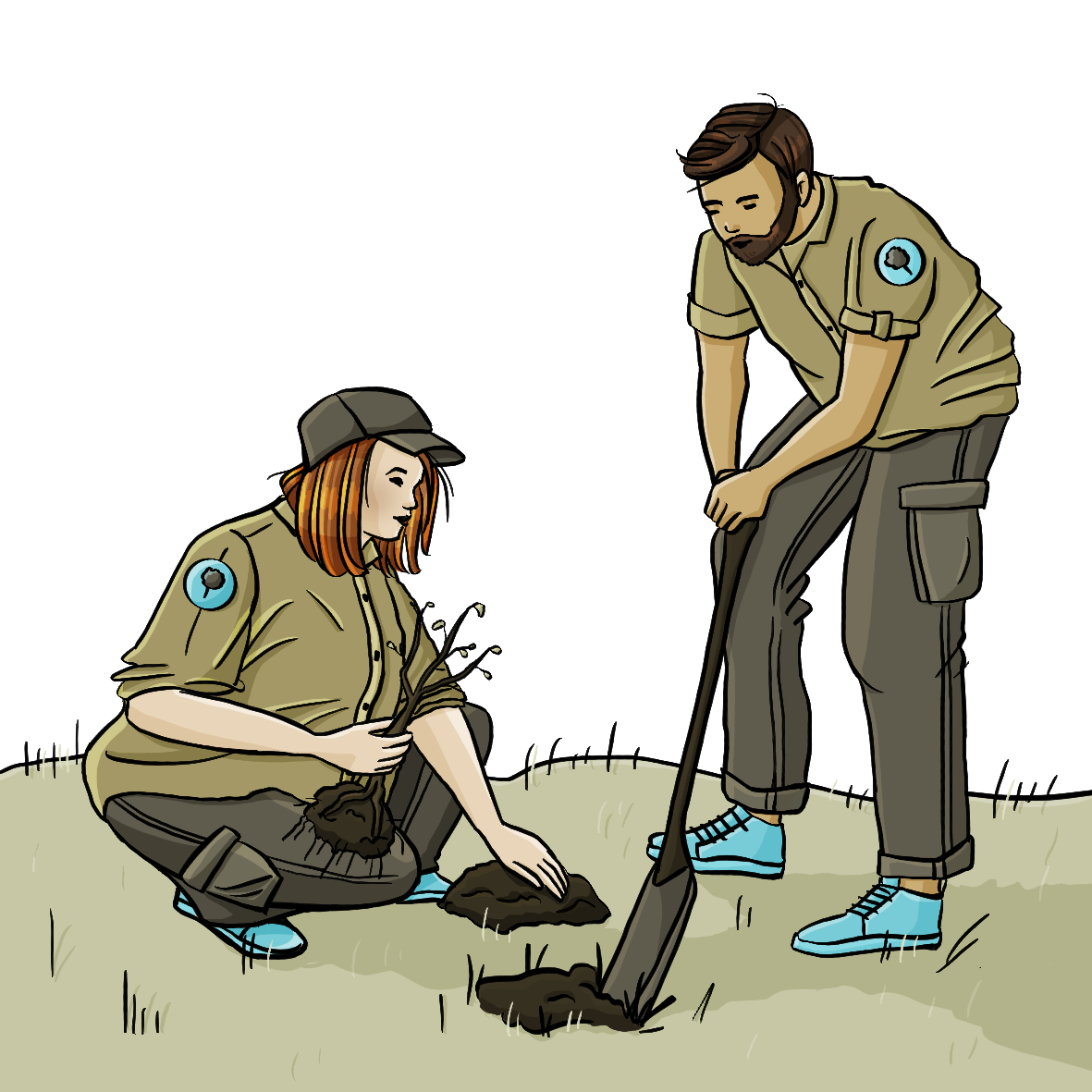 Eine Frau hockt auf einer Wiese, in Ihrer Hand hält sie einen kleinen Baum. Neben ihr sticht ein Mann mit einem Spaten ein Loch in die Erde. Beide tragen die gleichen Cargohosen und Hemden. Auf dem Ärmel ist ein Logo mit einem Baum.