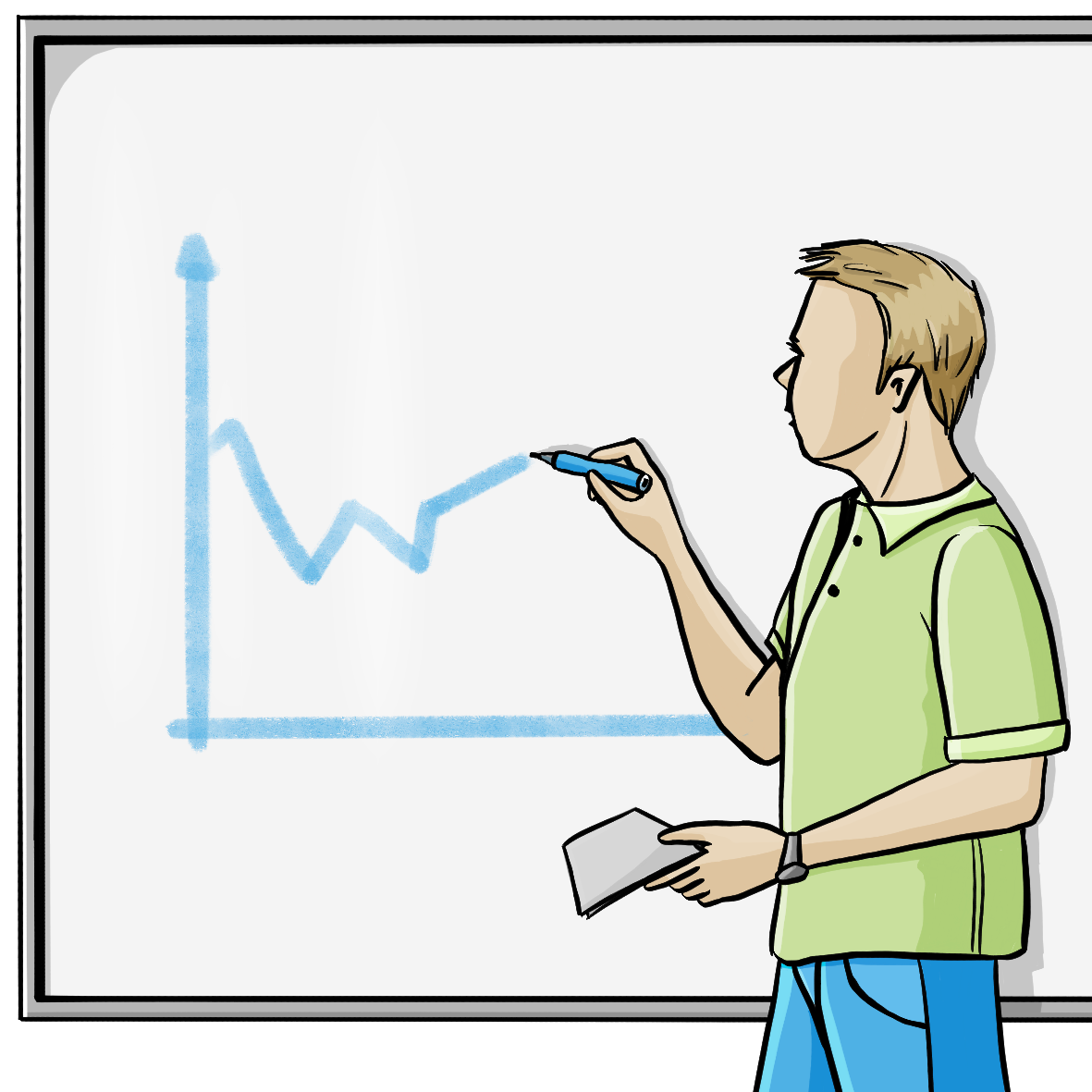 Ein Mann zeichnet ein Koordinatensystem an ein Whiteboard. Er hält Notizzettel in der Hand.
