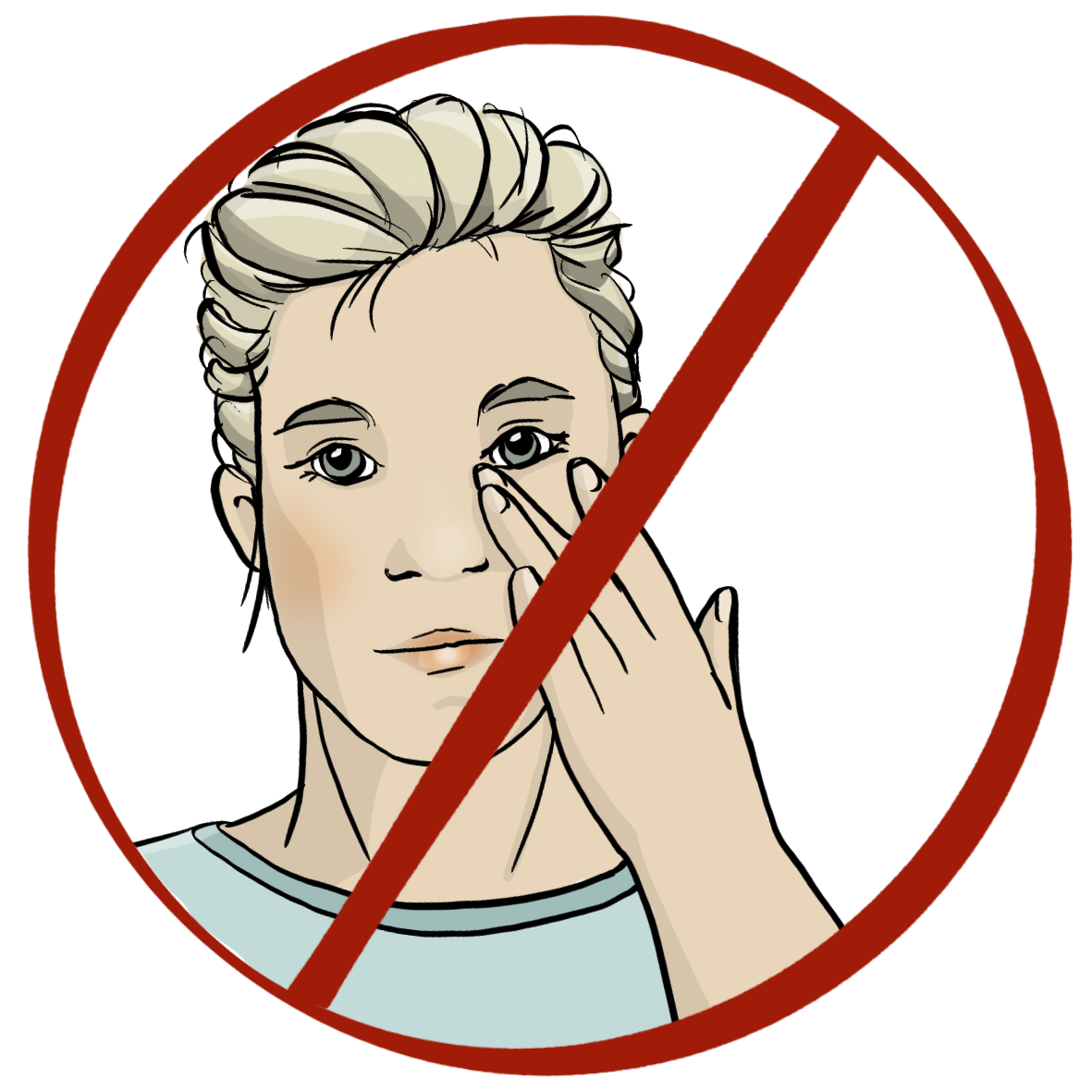 Eine Frau reibt sich das Auge. Das Bild ist durchgestrichen.