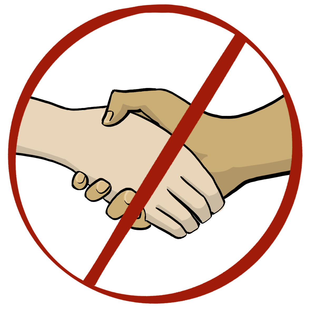 Eine Hand umfasst eine andere Hand. Das Bild ist durchgestrichen.