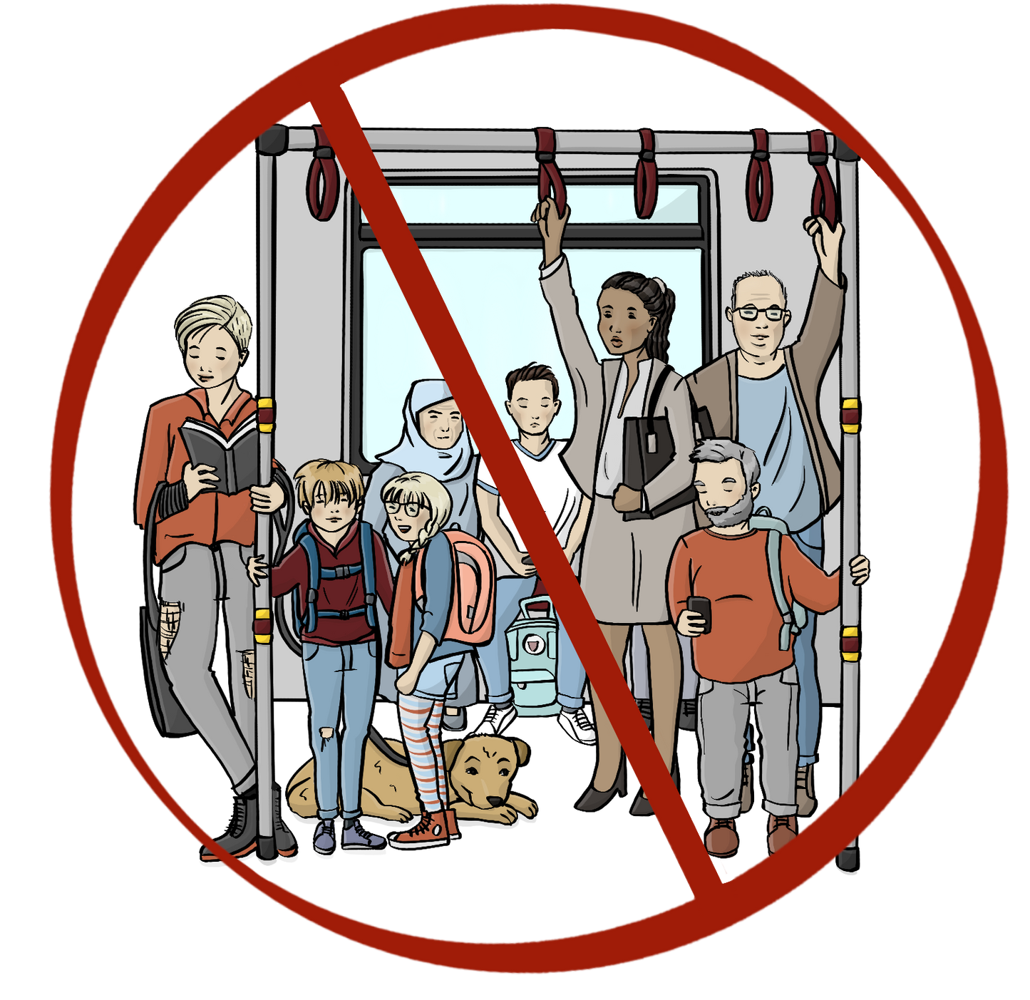 Viele Menschen sitzen und stehen in einer Ubahn. Das Bild ist durchgestrichen.