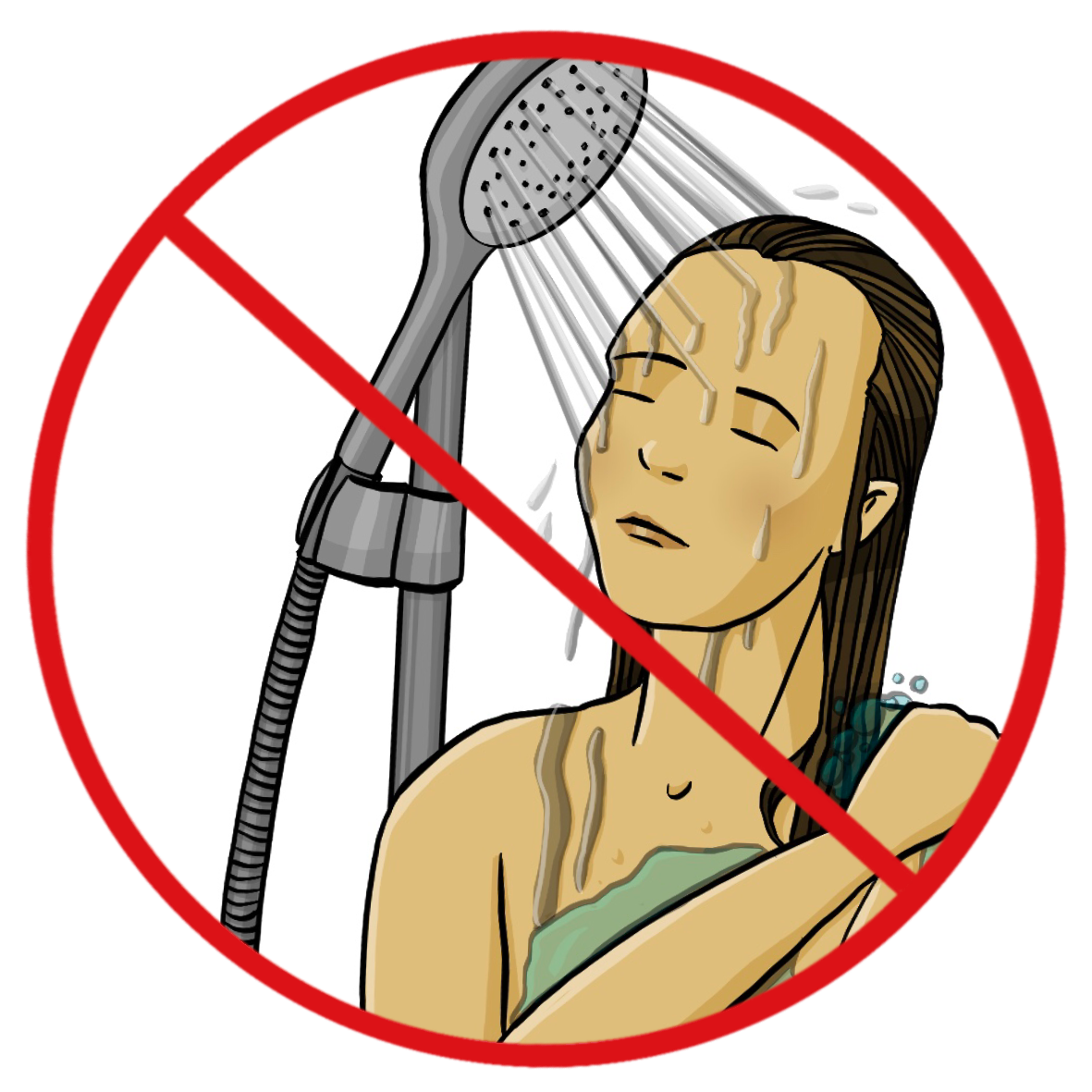 Eine Frau duscht. Das Bild ist durchgestrichen.