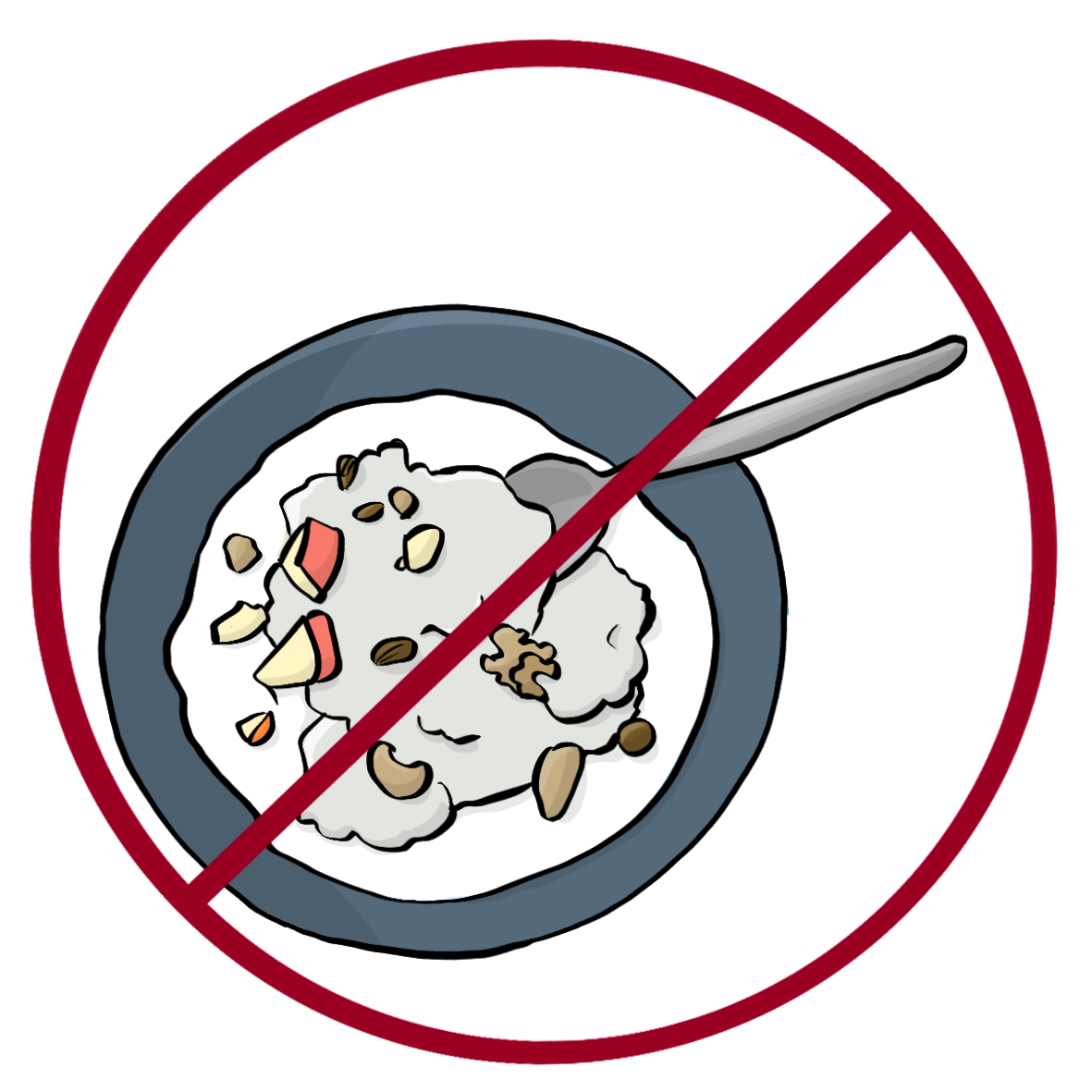 Eine Teller Müsli mit Löffel. Das Bild ist durchgestrichen.