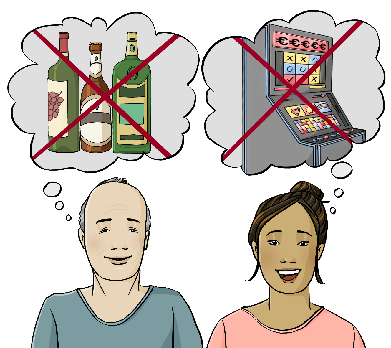 Ein Männergesicht und ein Frauengesicht. Beide schauen glücklich. Über dem Mann ist eine Denkblase mit durchgestrichenen Flaschen. Über der Frau ist eine Denkblase mit einem Durchgestrichenen Spielautomaten.