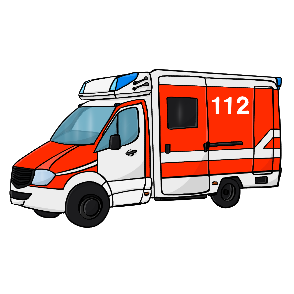 Ein weiß und orangefarbener Transporter mit Blaulicht und der Aufschrift 112.