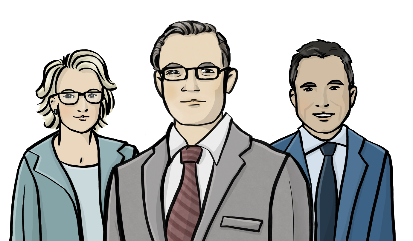 Ein Mann mit Anzug und Krawatte. Hinter ihm sind eine Frau im Blazer und ein anderer Mann mit Anzug und Krawatte.