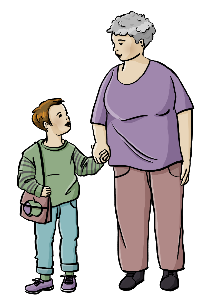 Eine ältere Frau hält ihren kleinen Enkel an der Hand. Sie lächeln sich an.