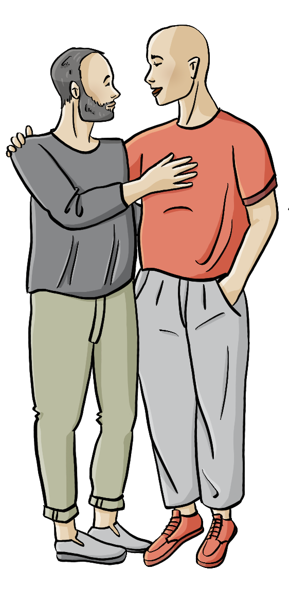 Zwei Männer haben die Arme umeinander gelegt.