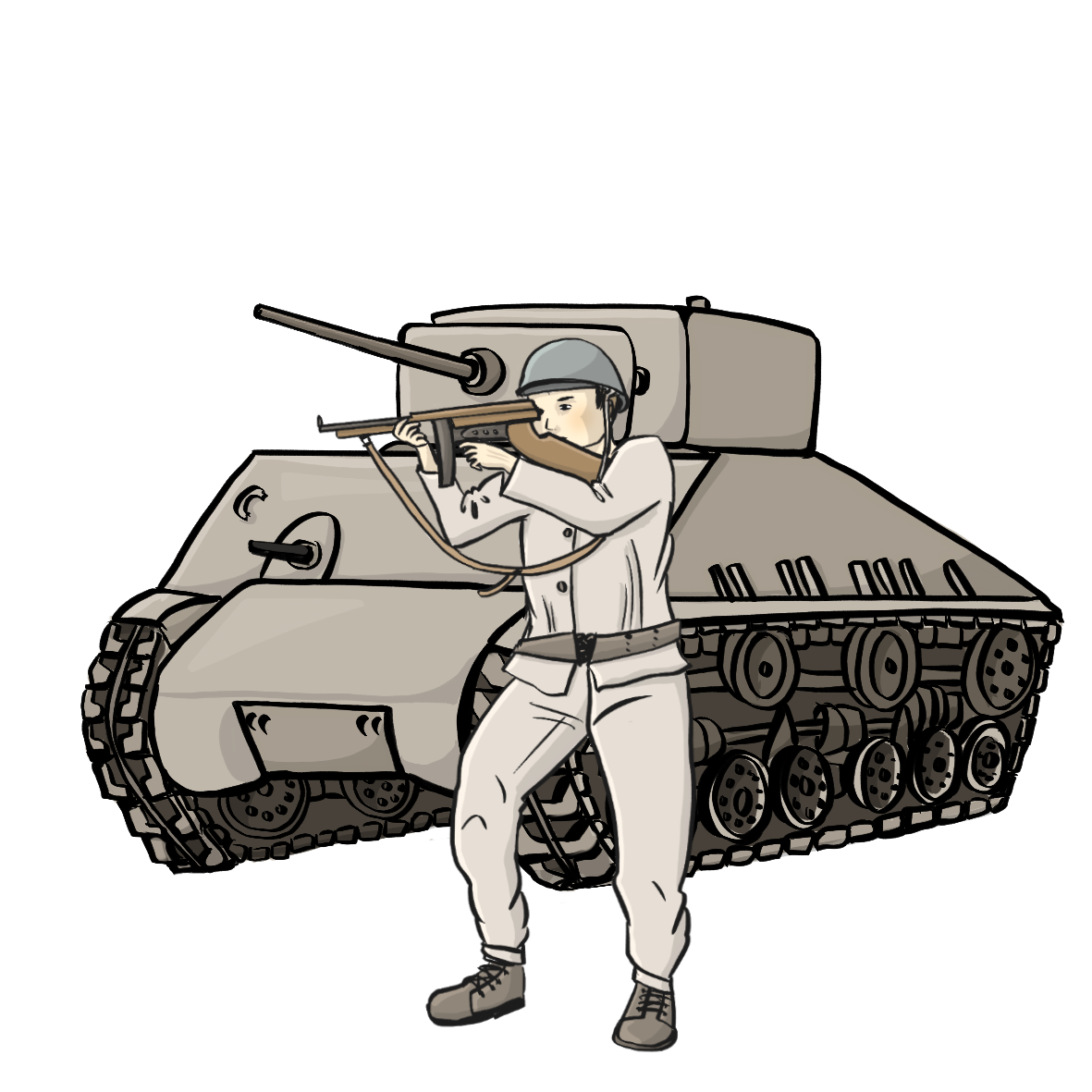 Ein Soldat steht vor einem Panzer. Er schießt mit einem Gewehr.