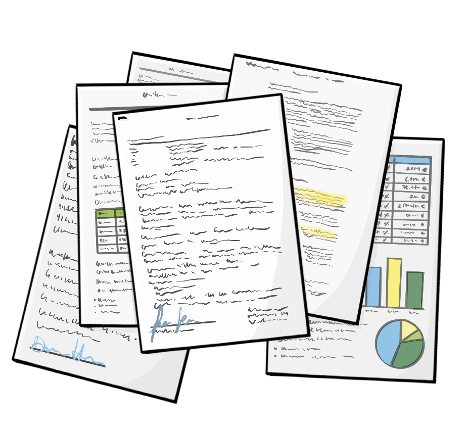 Ein Stapel Blätter, beschriftet mit Text und Grafiken und Tabellen.