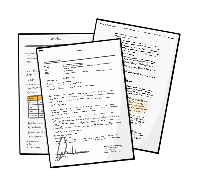 Drei beschriebene Blätter Papier liegen übereinander.