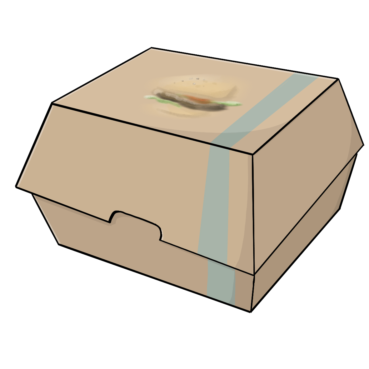 Eine braune Pappschachtel mit dem Bild von einem Burger.