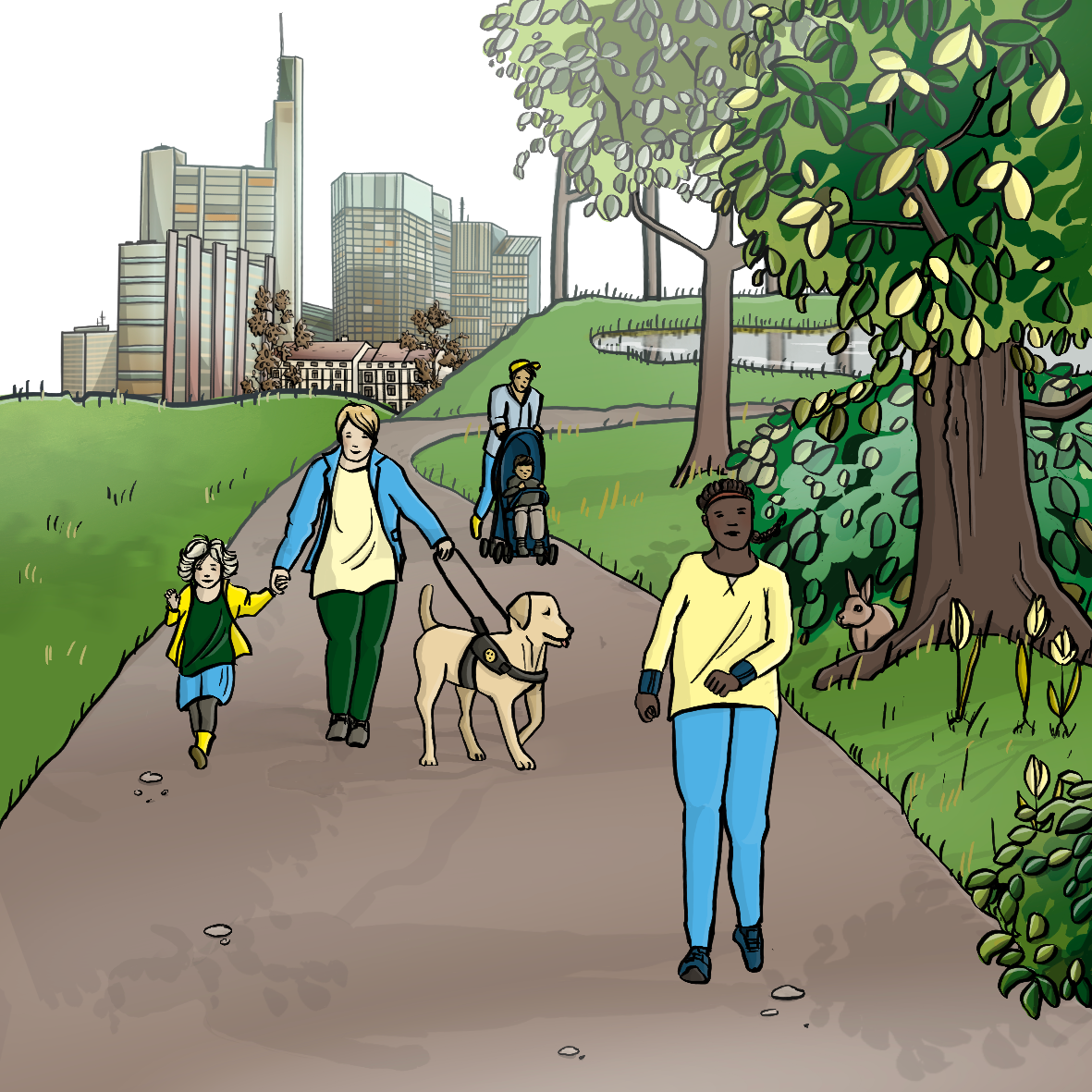 Menschen gehen im Park spazieren. Im Hintergrund ist eine Stadt mit Hochhäusern.