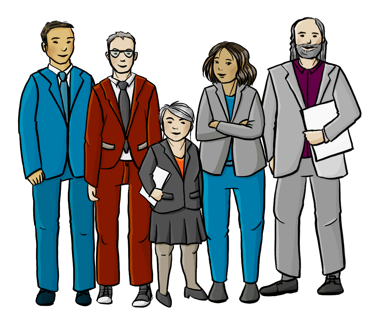 Eine Gruppe Männer und Frauen. Sie tragen förmliche Kleidung.