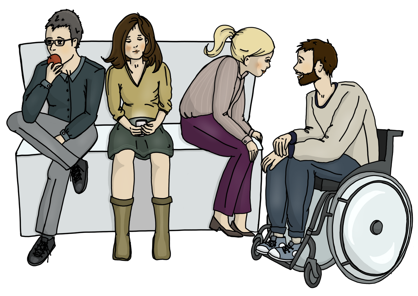 Männer und Frauen sitzen auf einer Bank. Sie essen etwas oder schauen auf ihr Handy. Eine Frau unterhält sich mit einem Mann im Rollstuhl neben der Bank.