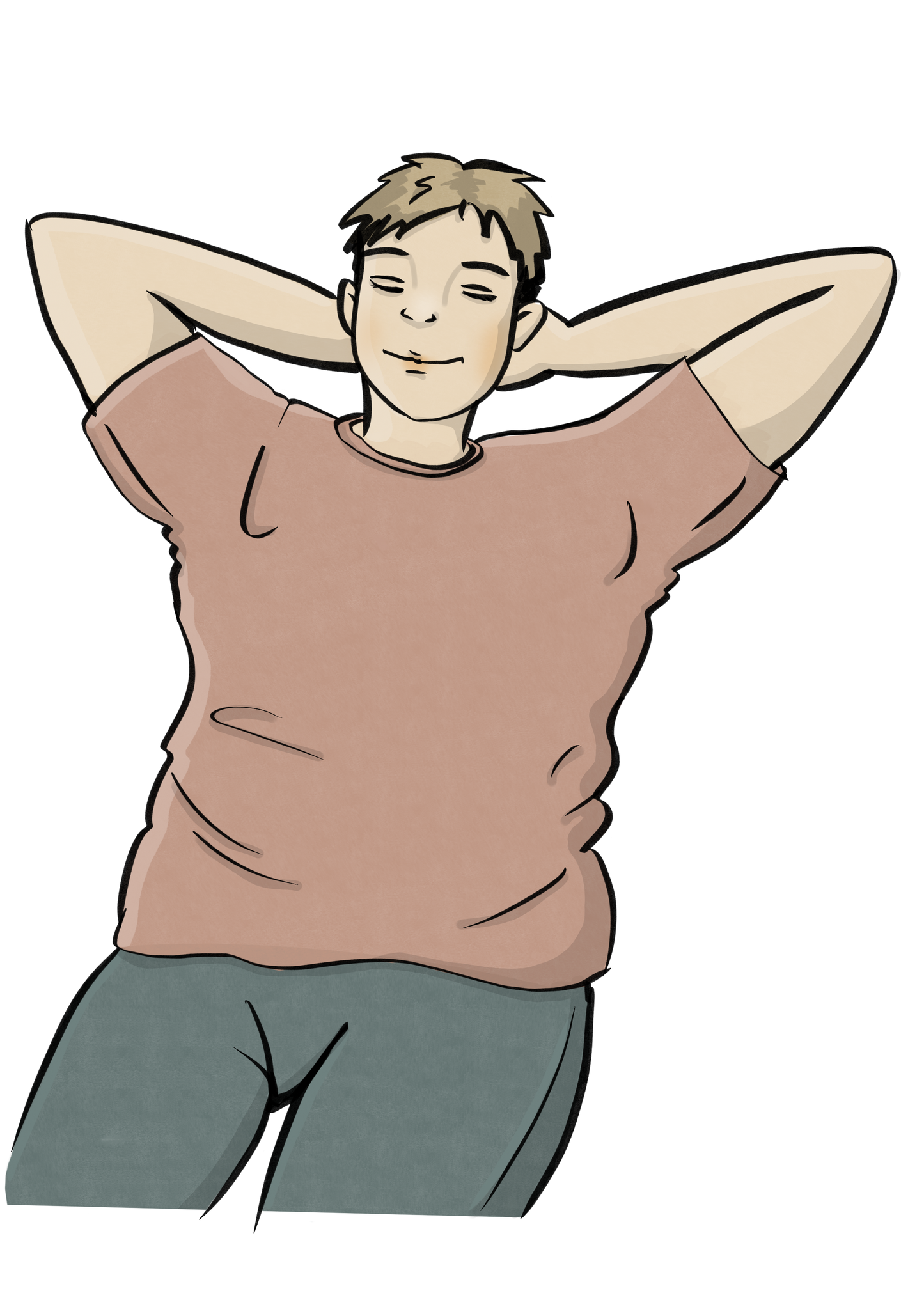 Ein Mann hat die Arme hinter dem Kopf verschränkt und die Augen geschlossen.