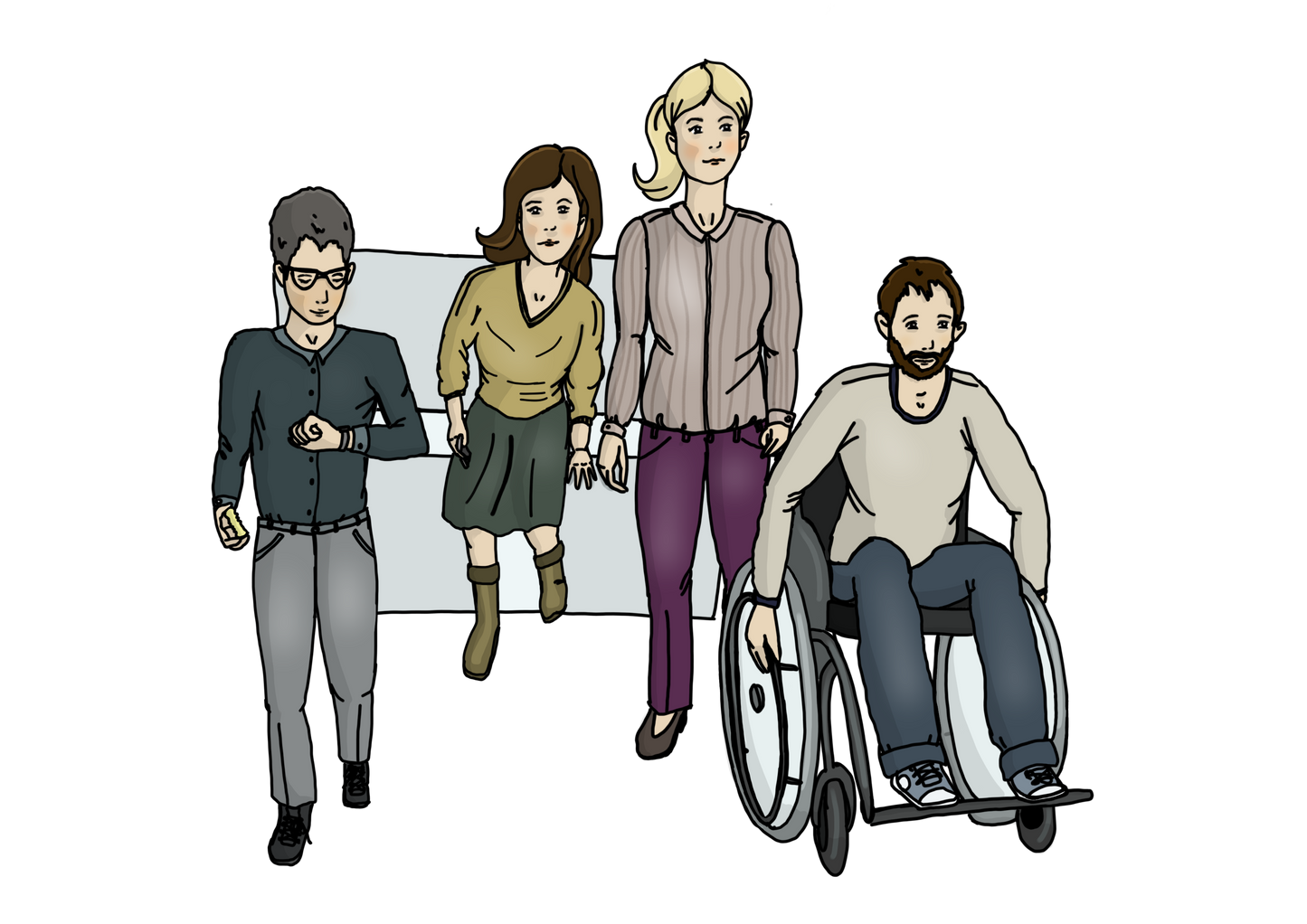 Eine Gruppe Menschen steht von einer Bank auf. Ein Mann schaut auf die Uhr. Ein Mann im Rollstuhl fährt voraus.