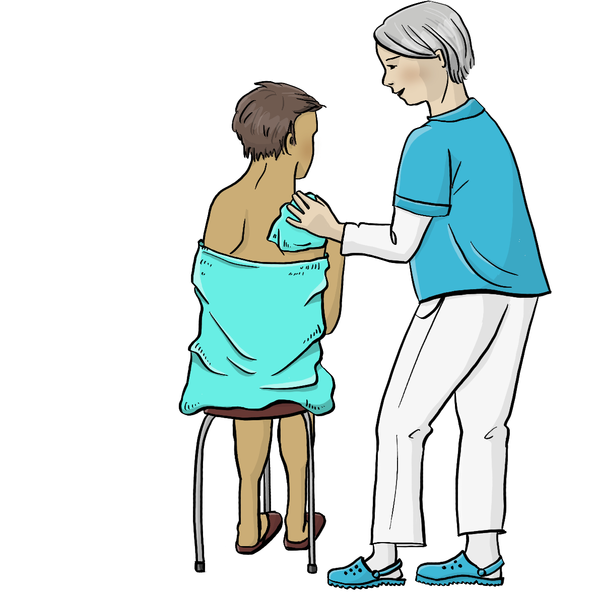 Ein Mann sitzt auf einem Hocker. Er ist in ein Handtuch gewickelt. Eine Frau wäscht ihm den Rücken mit einem Waschlappen. Sie trägt eine weiße Hose und ein Blaues Oberteil.