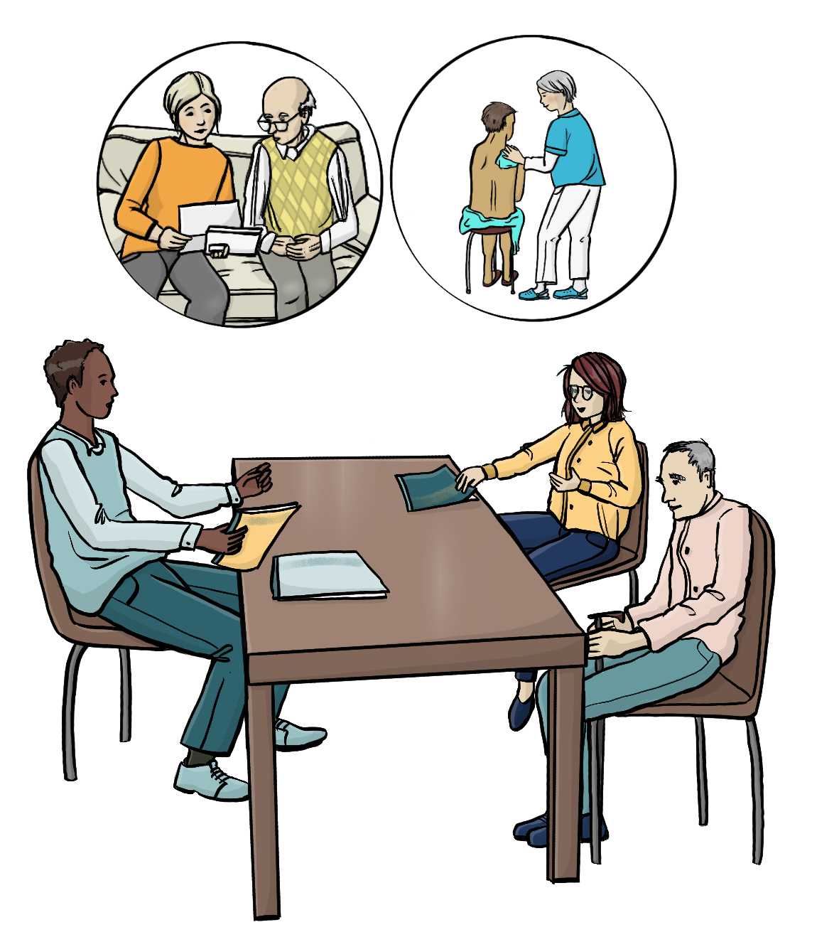 Eine Frau und ein älterer Mann sitzen an einem Tisch. Ihnen gegenüber sitzt ein Mann mit Papieren in der Hand. Über dem Tisch sind zwei Kreise. In dem Kreis ist das Bild von einer Pfegerin, die einem Mann den Rücken wäscht. In dem anderen Kreis lesen eine junge Frau und ein älterer Mann zusammen einen Brief.