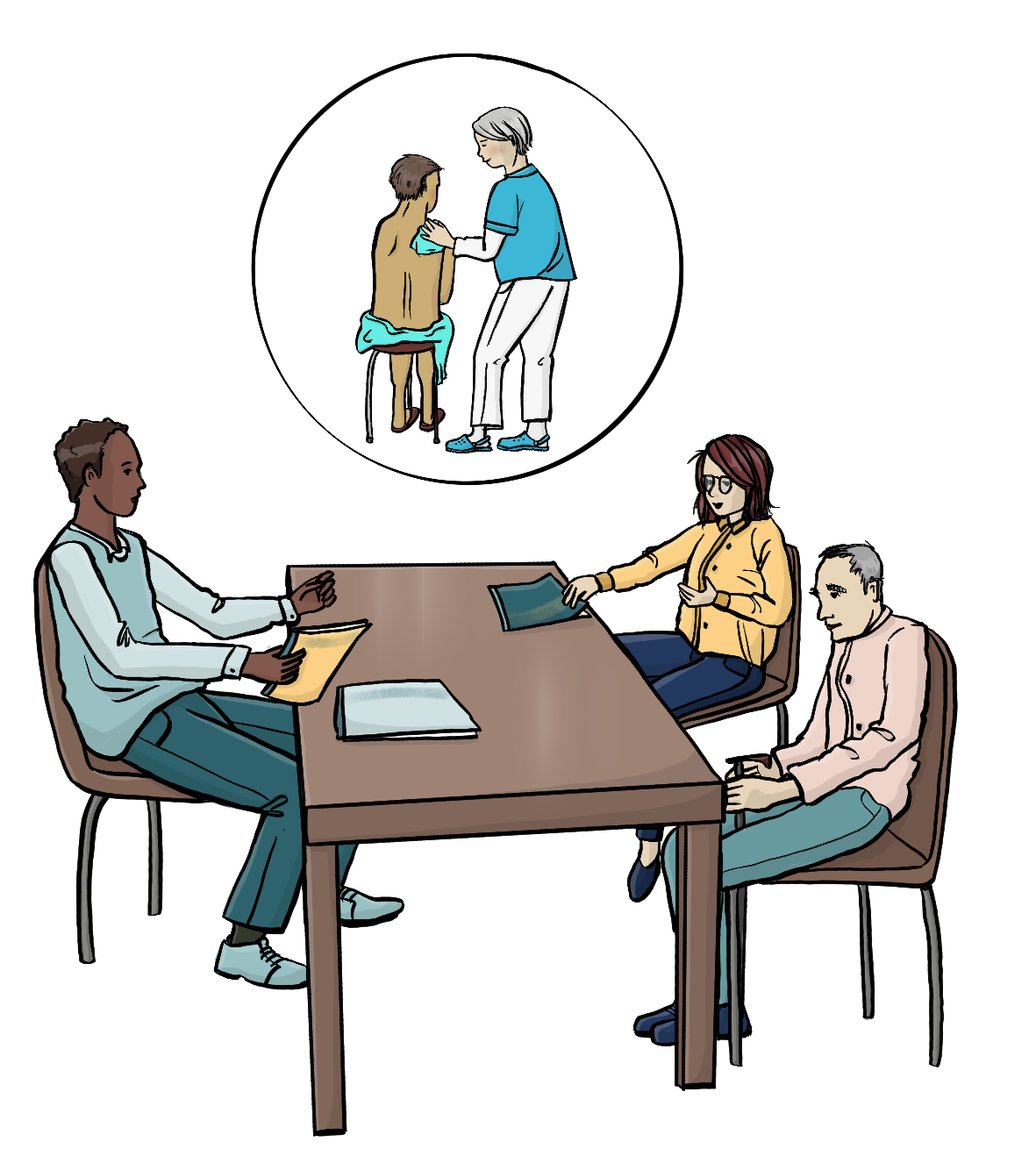 Eine Frau und ein älterer Mann sitzen an einem Tisch. Ihnen gegenüber sitzt ein Mann mit Papieren in der Hand. Über dem Tisch ist ein Kreis. In dem Kreis ist das Bild von einer Pfegerin, die einem Mann den Rücken wäscht.