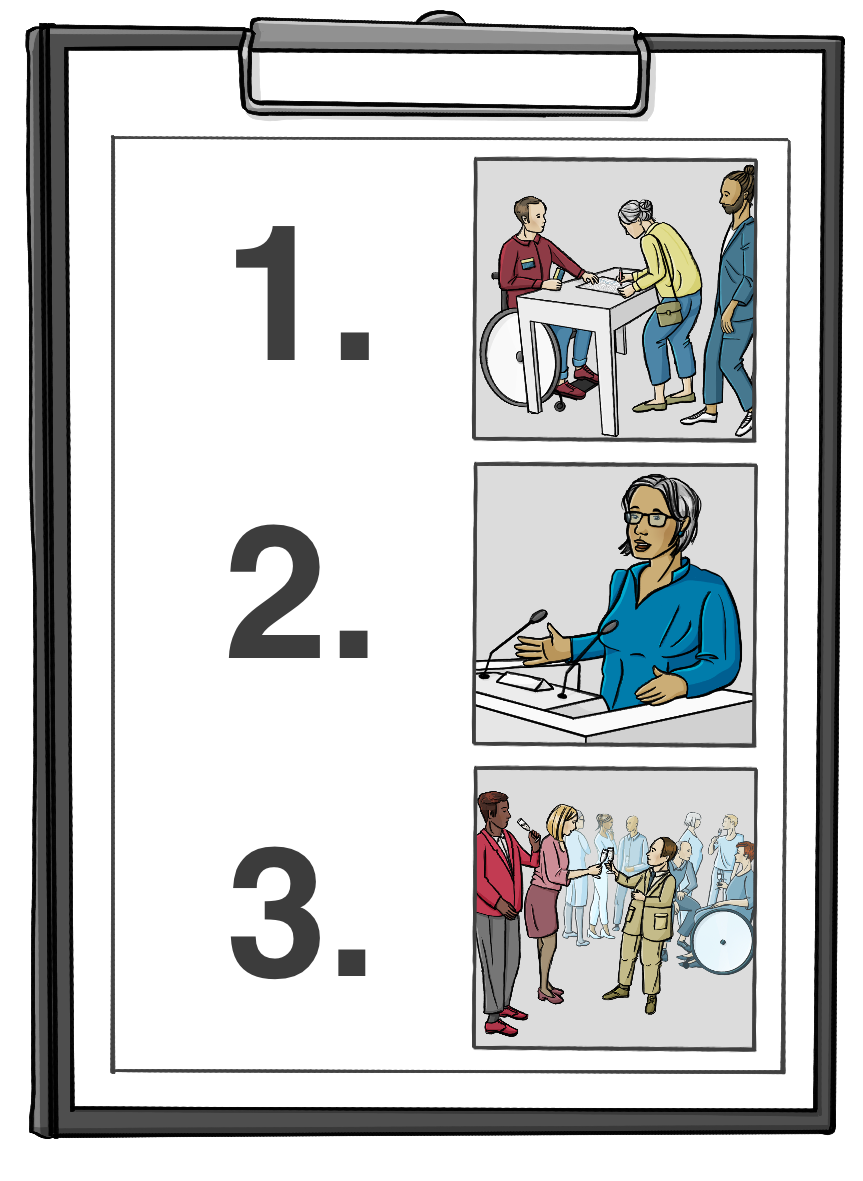 Ein Klemmbrett mit einem Zettel. Auf dem Zettel stehen die Zahlen 1. 2. 3., daneben ist jeweils ein Bild. Auf dem ersten Bild ist eine Anmelde-Situation, auf dem zweiten Bild hält eine Frau einen Vortrag, auf dem dritten Bild stehen Menschen zusammen und trinken Sekt.