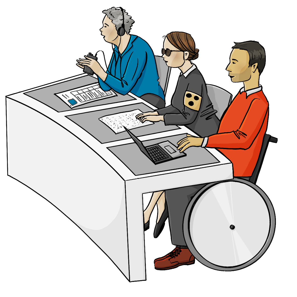 Drei Menschen in förmlicher Kleidung sitzen an einem gebogenen Tisch. Auf dem Tisch sind Papiere und ein Laptop. Eine Frau trägt Kopfhörer. In der Hand hält sie ein Empfängergerät. Eine Frau trägt eine dunkle Brille und eine Blindenbinde. Ein Mann sitzt im Rollstuhl.