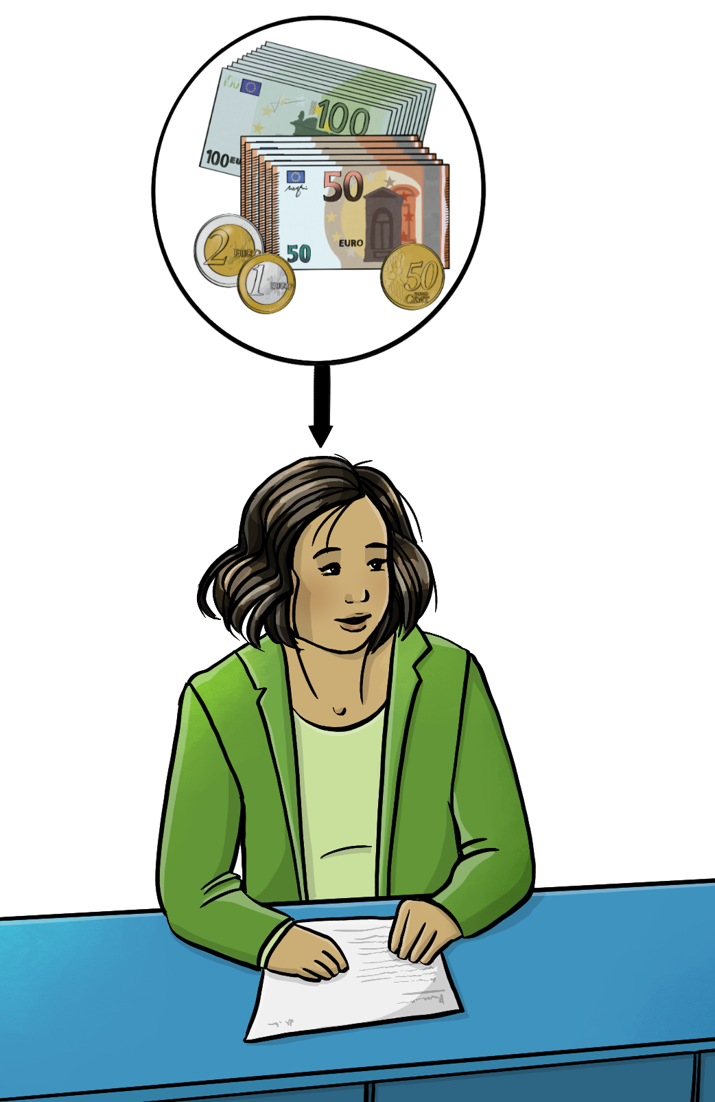 Eine Frau im Blazer. Über der Frau ist ein Kreis mit Geld. Von dem Geld zeigt ein Pfeil auf die Frau.