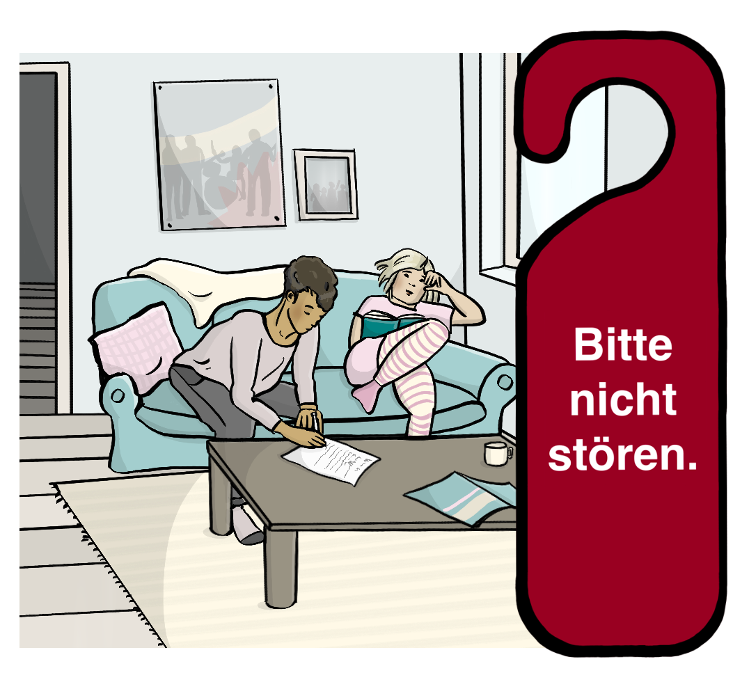 Ein Mann und eine Frau sitzen in einem Zimmer auf einem Sofa. Die Frau liest ein Buch, der Mann schreibt etwas auf einen Zettel. Neben dem Bild ist ein rotes Türschild mit der Aufschrift: Bitte nicht stören.