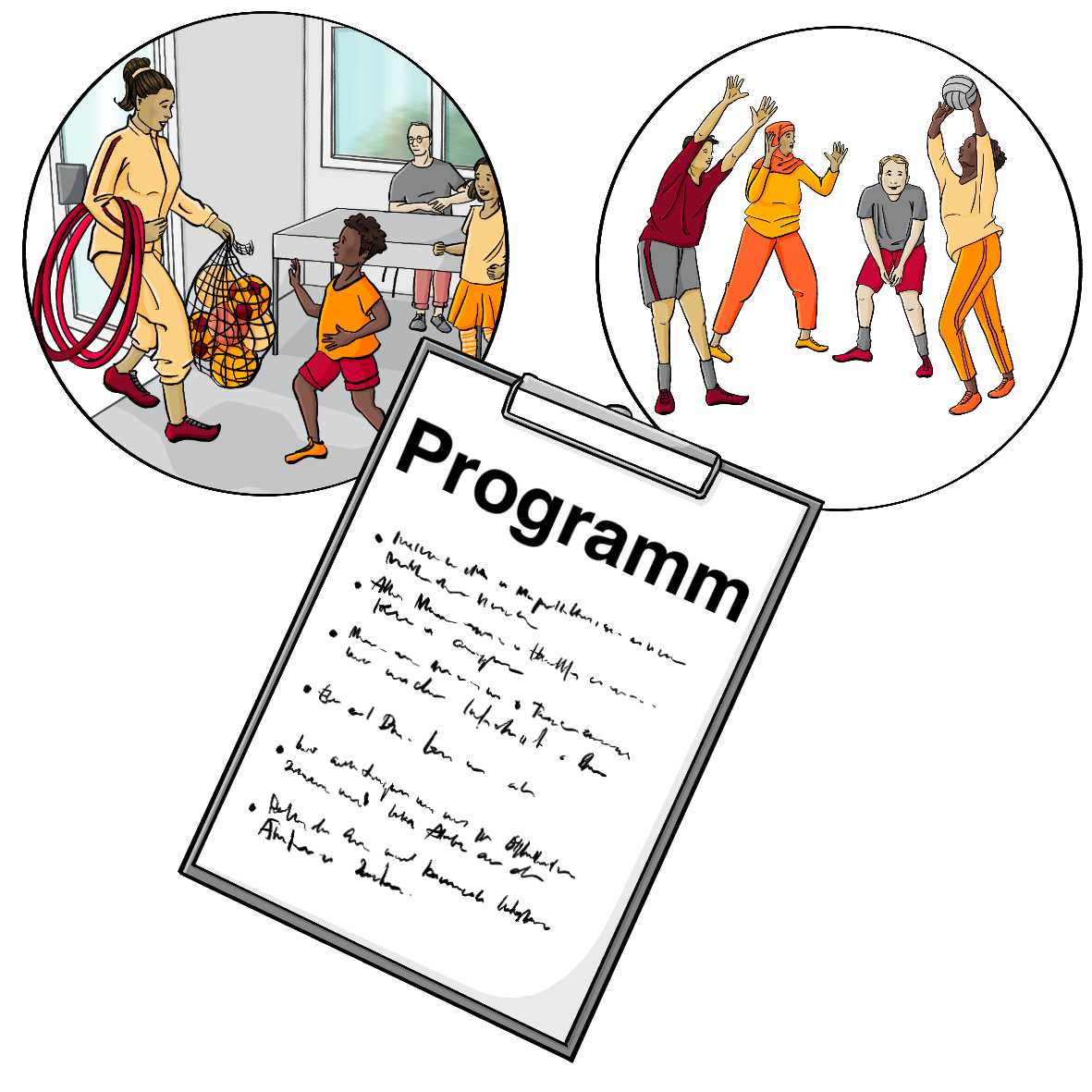 Ein Klemmbrett mit einem Zettel mit der Aufschrift: Programm. Über dem Klemmbrett sind zwei Kreise. In einem Kreis kommt eine Frau mit Reifen und Bällen in der Hand in einen Raum. Zwei Kinder laufen auf sie zu. Im zweiten Kreis spielen Menschen mit verschiedenen Hautfarben zusammen Volleyball.