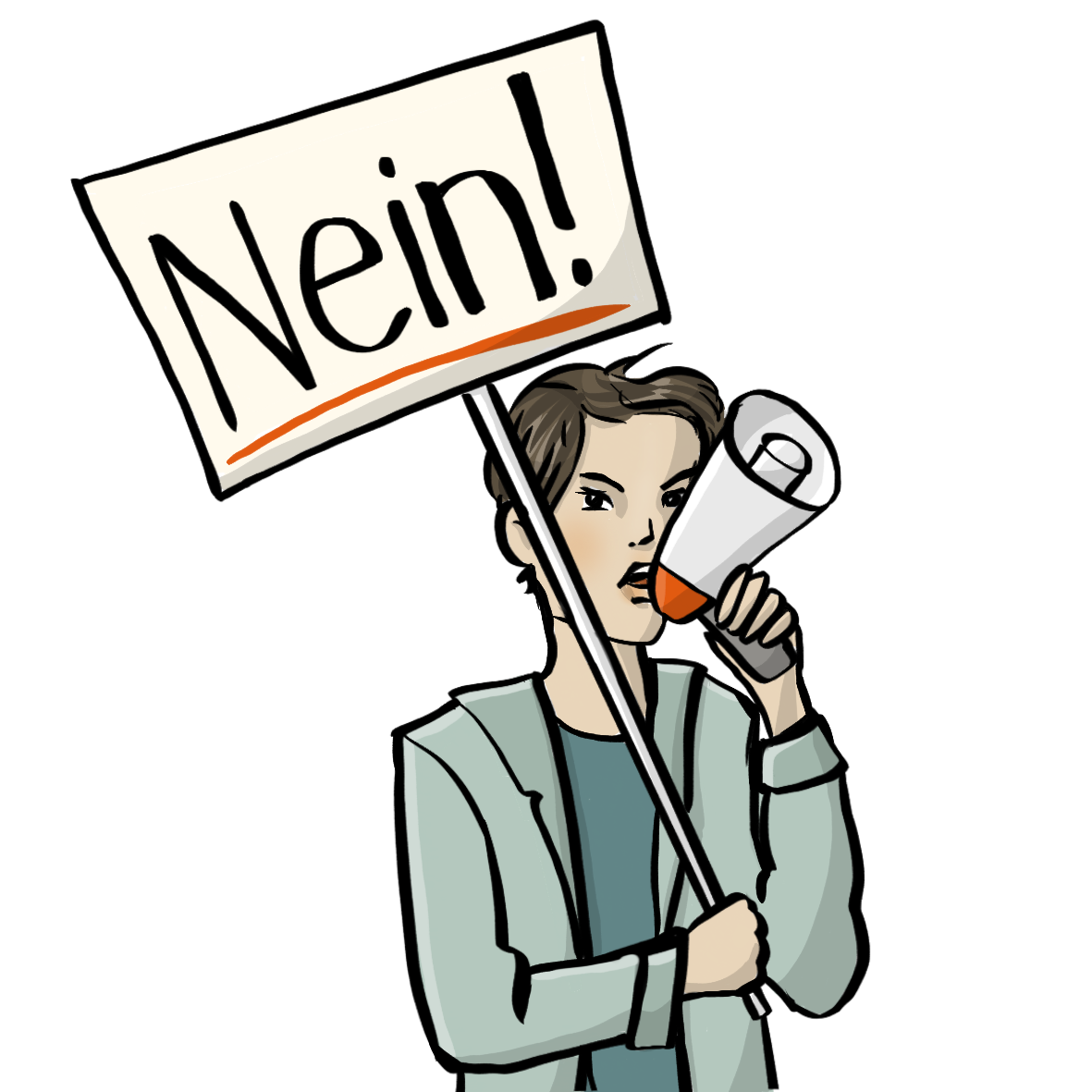 Ein Mann spricht in ein Megafon. Er schaut wütend. Er hält ein Schild mit der Aufschrift: Nein!