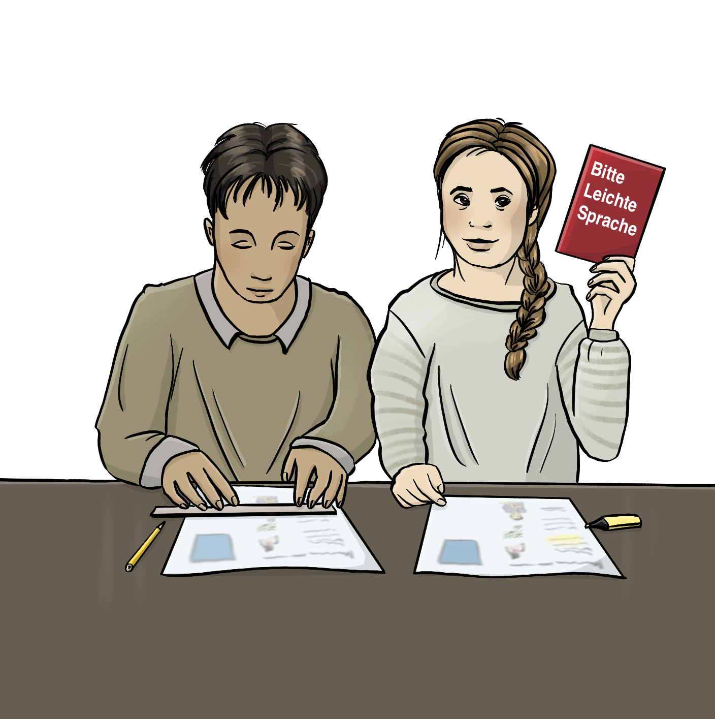Ein Mann und eine Frau mit Downsyndrom sitzen an einem Tisch. Vor Ihnen liegen Texte und Stifte. Der Mann liest den Text mit Hilfe eines Lineals. Die Frau hält eine rote Karte hoch mit der Aufschrift: Bitte leichte Sprache.