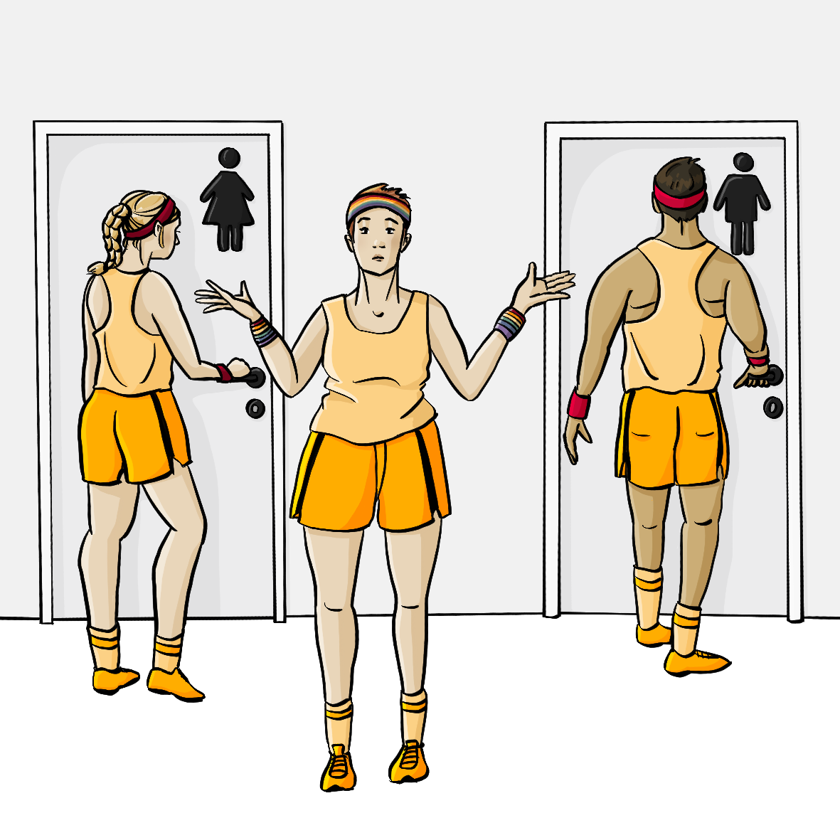 Eine Frau in Sportkleidung öffnet eine Tür zu einer Damentoilette. Ein Mann in Sportkleidung öffnet die Tür zu einer Herrentoilette. Zwischen den Türen steht eine Person mit kurzen Haaren und Sportkleidung. Sie trägt Schweißbänder mit Regenbogenmuster. Die Person schaut fragend und hält die Hände mit den Handflächen nach oben.