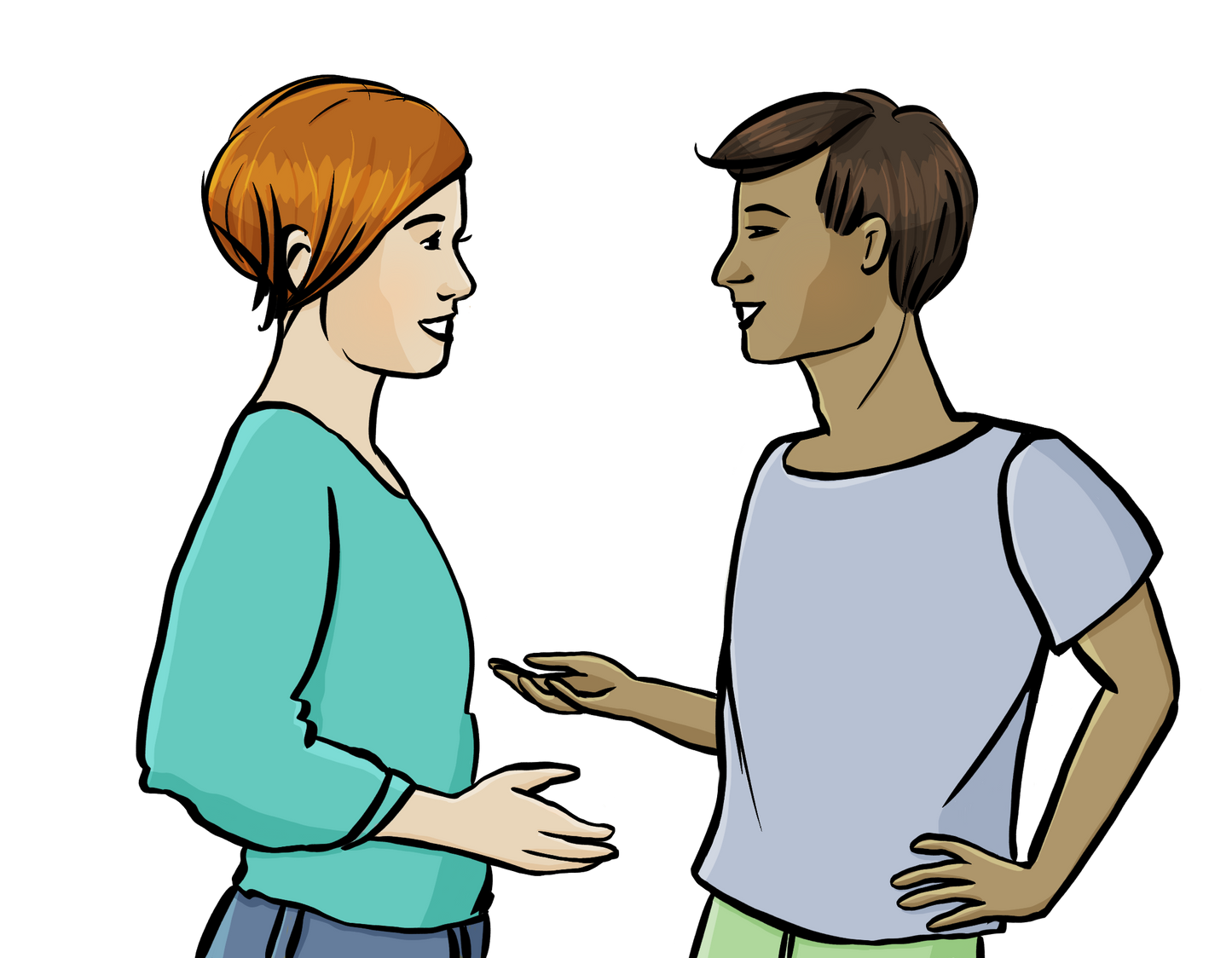 Ein Mann und eine Frau stehen sich gegenüber. Sie schauen sich an und lächeln.