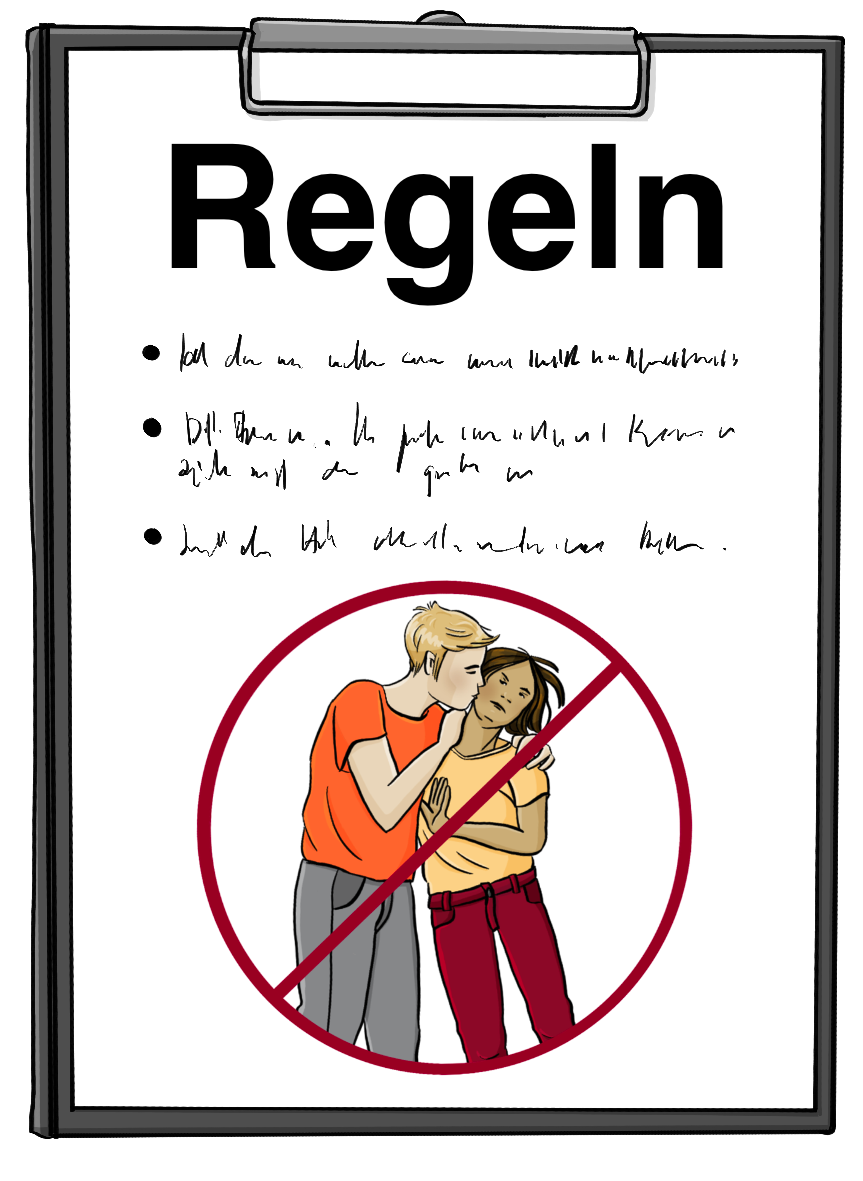 Ein Klemmbrett mit einem Blatt Papier. Auf dem Papier ist die Aufschrift "Regeln" und ein rot durchgestrichenes Bild. Auf dem Bild versucht ein Mann eine Frau zu küssen. Die Frau schiebt ihn weg.