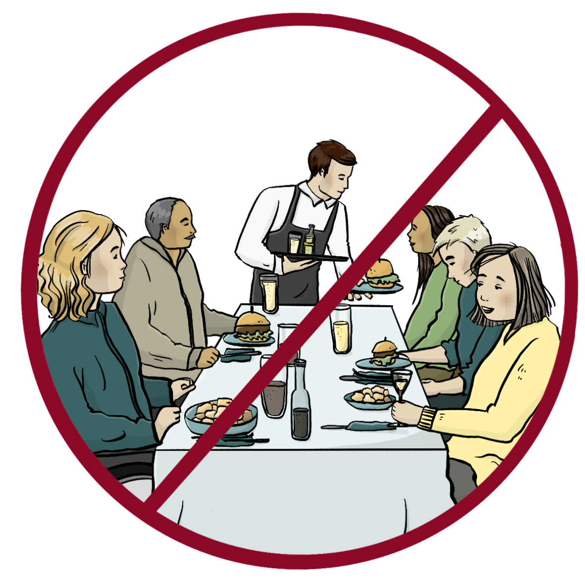 Menschen sitzen an einem Tisch, vor ihnen stehen Teller mit Essen und Getränke. Ein Kellner bringt Essen. Das Bild ist durchgestrichen.