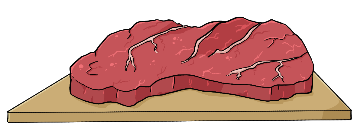 Ein Brett mit einem Stück rohem, roten Fleisch.