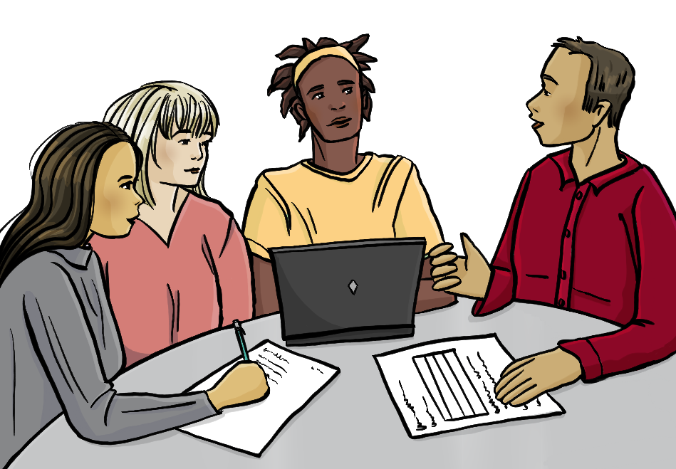 Menschen mit verschiedenen Hautfarben sitzen um einen Tisch und gestikulieren. Auf dem Tisch sind Papiere und ein Laptop.