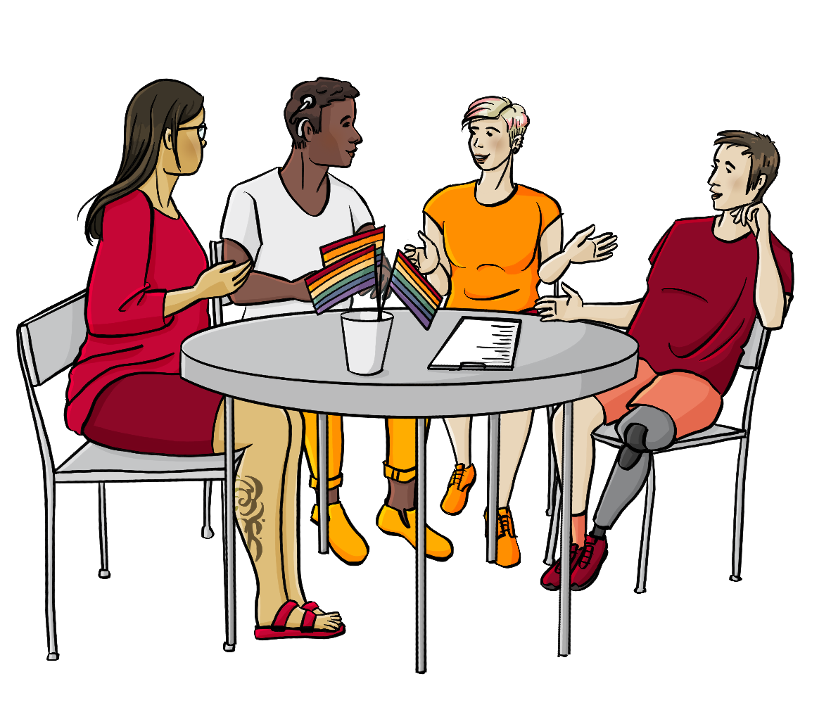 Menschen sitzen an einem runden Tisch. Auf dem Tisch steht ein Becher mit Regenbogenfähnchen.